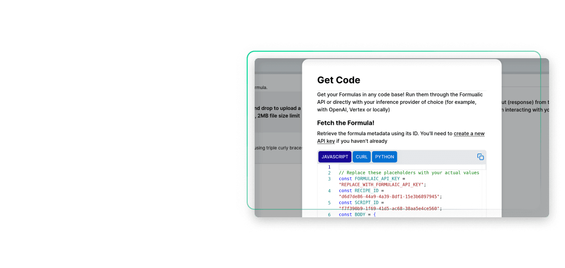 Get Code Modal opened on the Formulaic creation page.